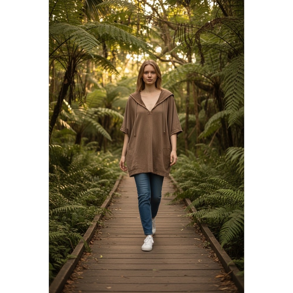 Newport‎ News Hooded Tunic Women XL Brown Oversized Dolman Cotton Boho Gorpcore